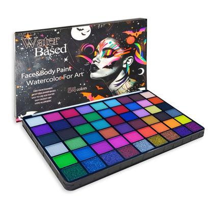 Face Body Paint Set 54 Colors — Matte, UV Fluorescent & Glitter Palette with Pattern Templates, Brushes & Tattoo Stickers for Sports, Cheerleading, Festivals & Parties