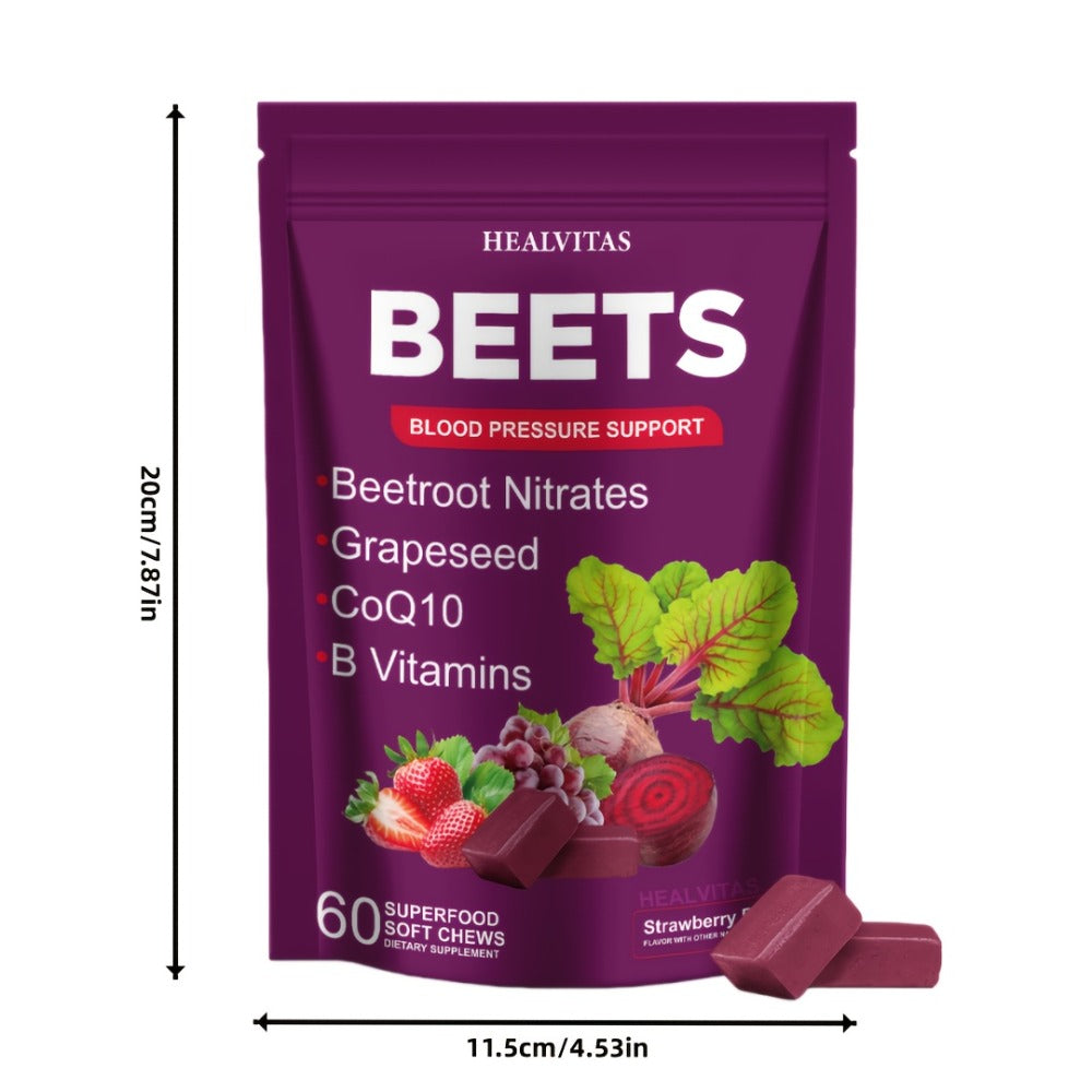 Super Beets All-in-One Beet Root Gummies & Chews - Beet Powder with Vitamins B12/B6, CoQ10 & Grapeseed - Heart Health Support, Blood Pressure Health Supplement, Blood Flow Booster - Chewable Vitamins for Blood Pressure Support 1pc/2pcs/3pcs