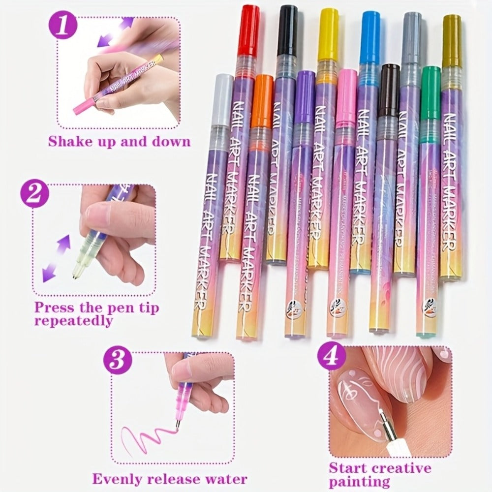 1Set Nail Doodle Pen, 12-Color Acrylic Paint Pen, Nail Paint Quick Drying Dot Stitching Pen, Precision 3D Doodle Nail Art Pen, Nail Art Pen Set, Quick Drying, Suitable for Home And Salon, Professional Details And Long-Lasting Design My Orders