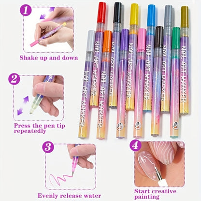 Nail Art Pen Set 12 Colors Acrylic Paint Pen 3D Doodle Quick Drying Precision Dot Stitching Pen for Home Salon Professional Nail Design Long Lasting