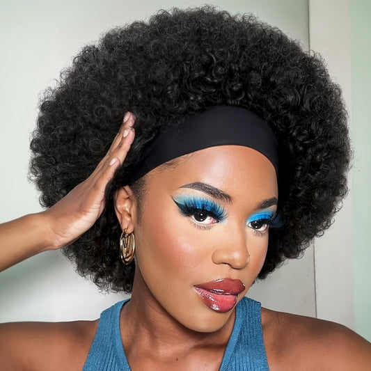 Afro Curly Headband Wig for Women, Natural Black Short Kinky Curly Synthetic Hair with Attached Headband, High-Temperature Fiber, 180% Density, Basic Style