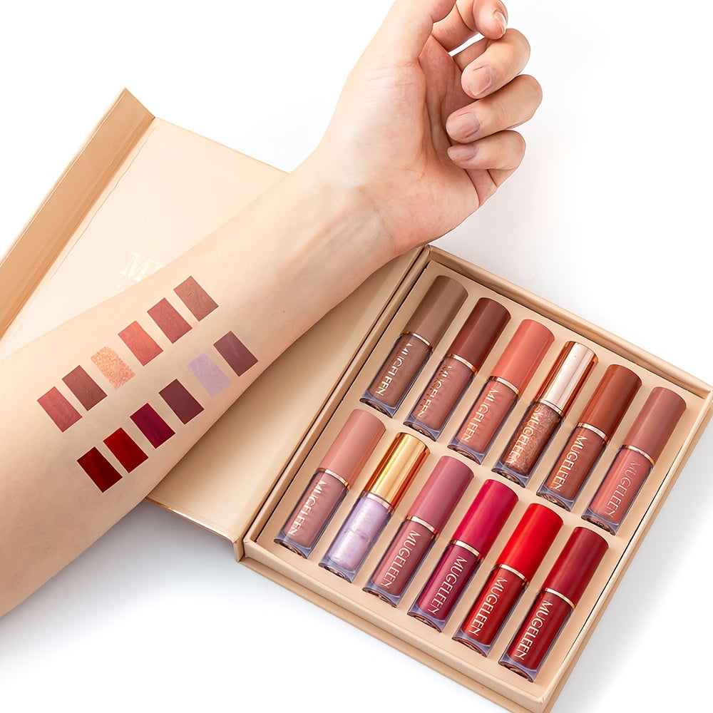 12pcs Lip Gloss Set, Matte Lip Glaze Set, Matte Pearlescent Non-stick Cup, Non-fading Lip Glaze Set Valentine's Day Gift