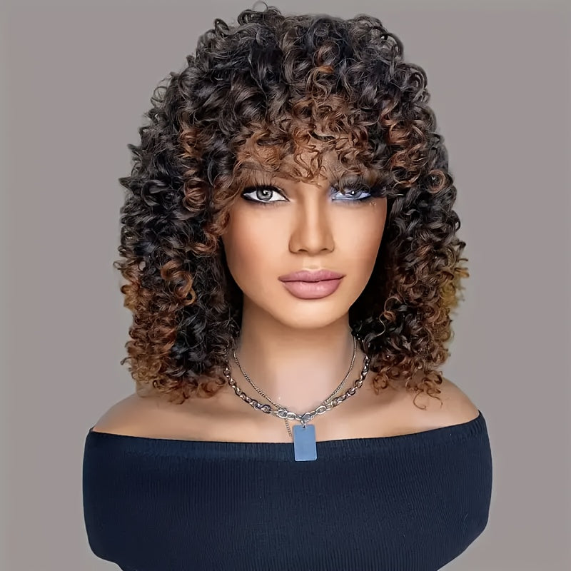 Glueless Deep Wave Bob Wig Hair Suitable for All Ethnicities & Skin Tones - Natural Black 14 Inch Short Curly Wigs with Bangs, Density Japanese-Korean Hair Replacement for, Elastic for Instant Volume & Daily Wear
