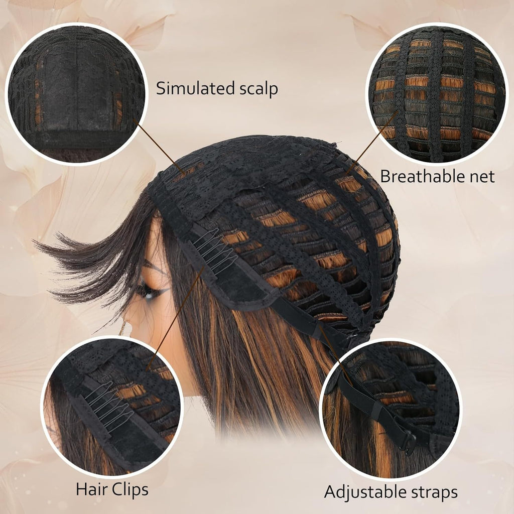 CIVRIE 26" Glueless Black Wig with Curtain Bangs - Long Straight Synthetic Hair, Pre-Bleached Lace Bangs & Realistic Scalp, Upgraded Premium Fibers for Natural Look & Fullness, Easy No-Glue Application, Everyday & Special Events - Women's Hair Wig, Wig Ac