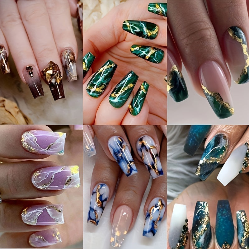 144pcs Coffin Press On Nails Medium Length Fake Nails Artificial False Nails with Blue Marble & Sequins Designs Glossy Acrylic Nails Nude Full Cover Glue On Nails for Women 6pcs