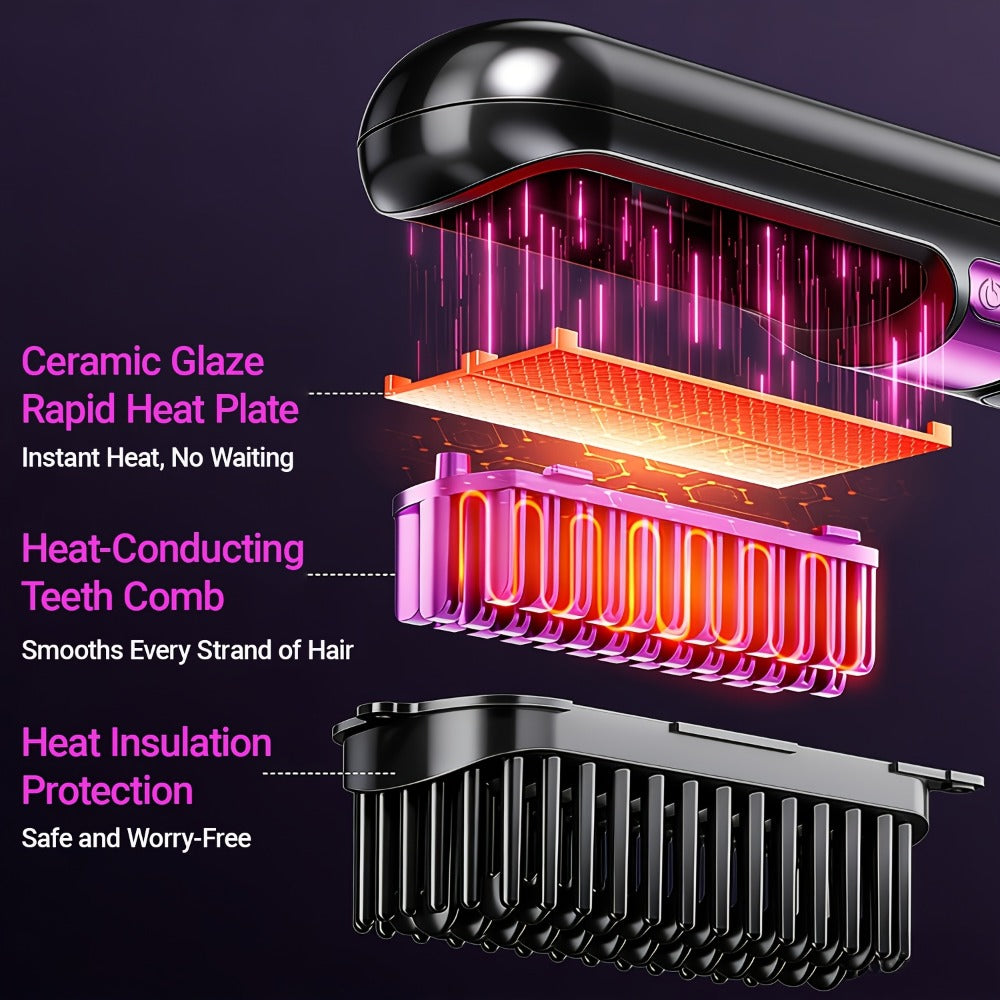 Ionic Hair Straightener Brush, USB-C Rechargeable And Adjustable Temperature - 3-In-1 Straightener for Frizz Control And Shine, Anti-Scald | Salon Results at Home