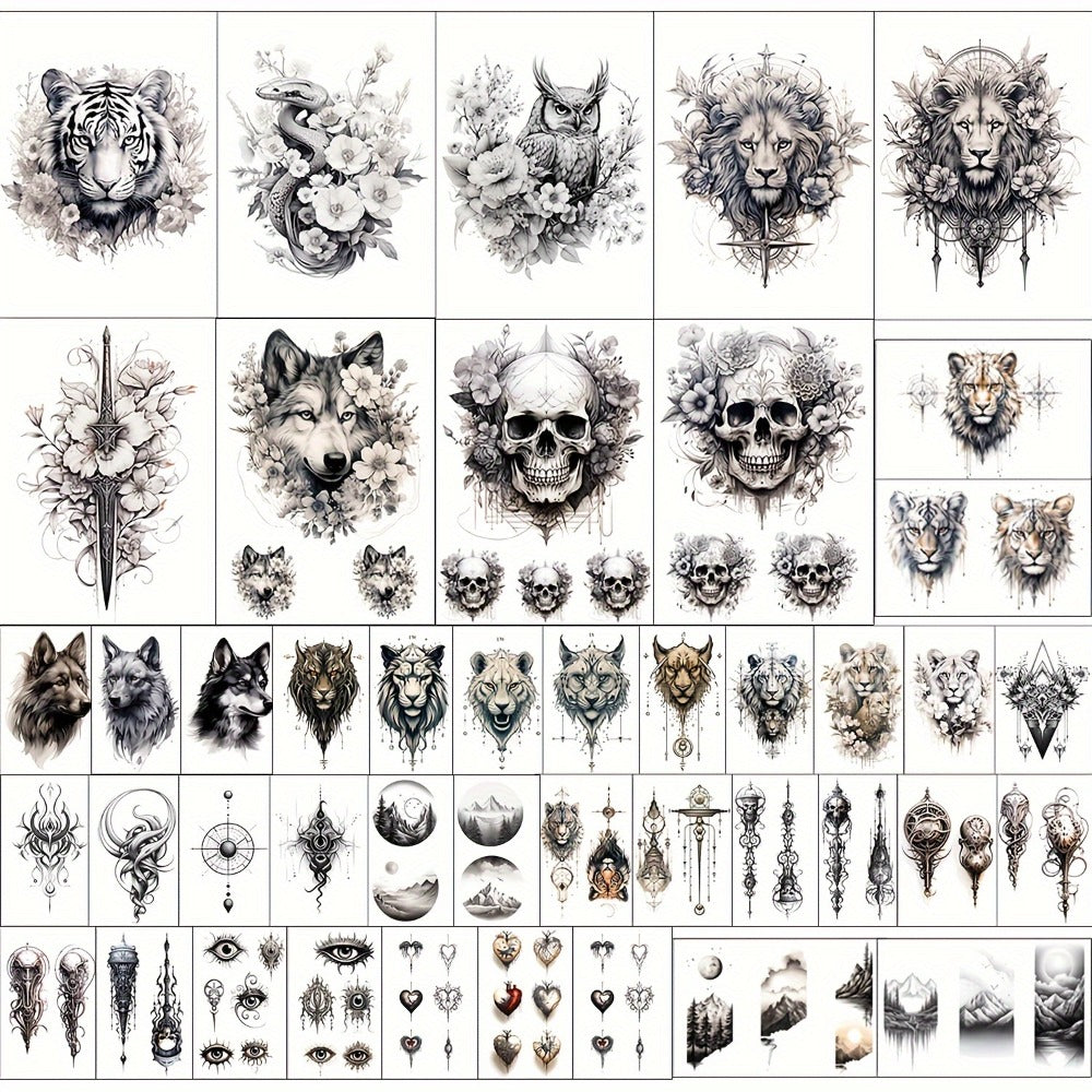 GLARYYEARS Temporary Tattoo for Men Adults, 44pcs Large+Small size Realistic Tattoos, Long-lasting Fake Tattoo Stickers, Cool Black Body Half Arm Tattoos, Mountain Lion Wolf Tiger Tattoo Design