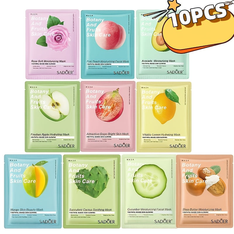 10 Fruit Mask Sheets - Glycerin Moisturizes And Nourishes The Skin, Essence Moisturizing, Mask Sheet for All Skin Types, Travel Essential