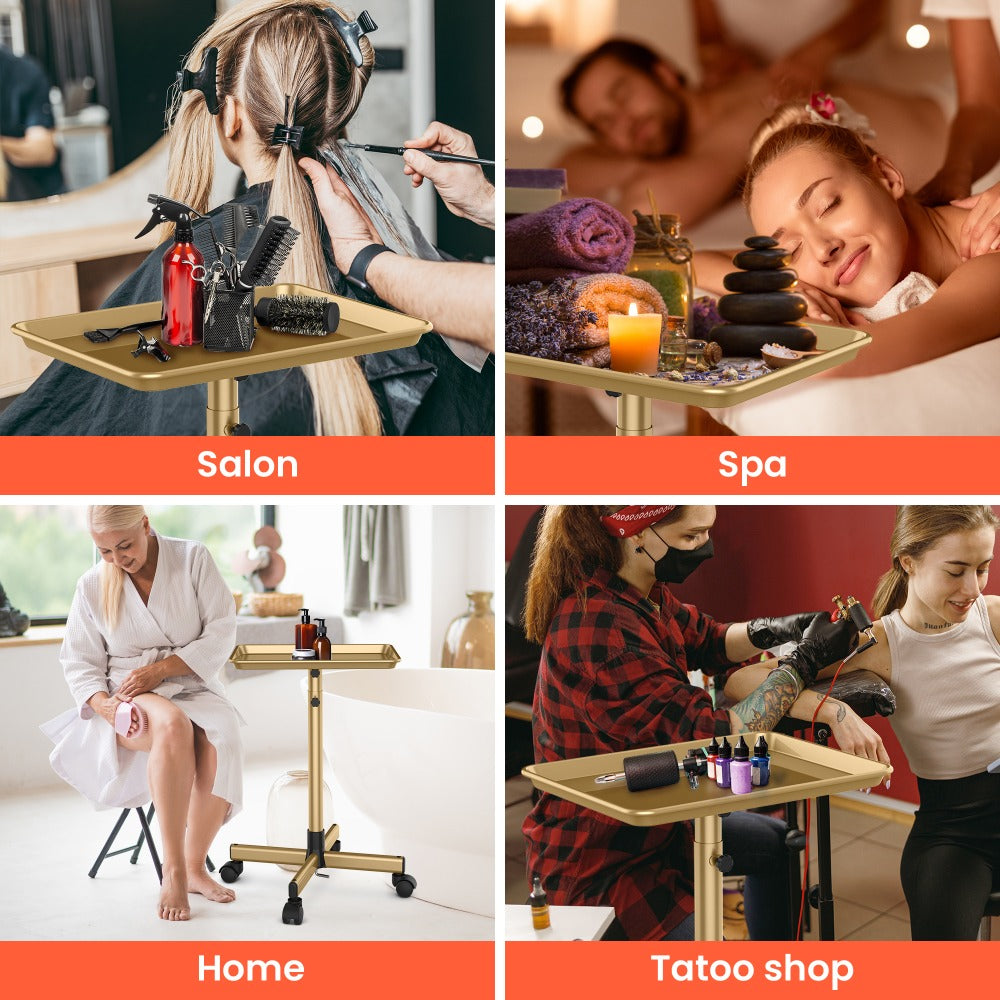 Premium Salon Tray Cart Tattoo Tray 17.9'' x 12.8'', Gold & Pink and Black Stylist Tray, Adjustable Height, Salon Tray On Wheels For Spa Storage, Stylist Blowdry And Clinic Use