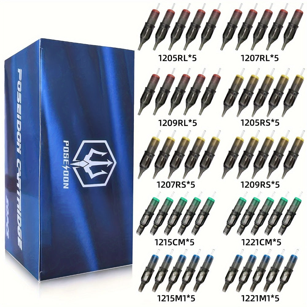 Poseidon Tattoo Cartridge Needles 50pcs Assorted Mixed Size Round Liner 12 Standard 3rl 5rl 7rl 9rl 11rl Disposable Membrane Tattoo Needles Long Taper for Makeup