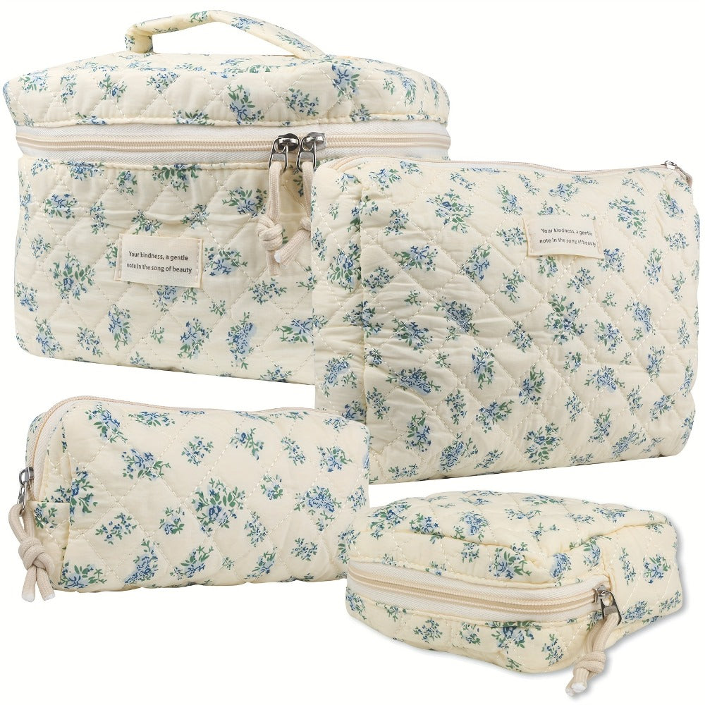 Cute Makeup Bag for Women (4 Pcs), Travel Cosmetic Bags, Quilted Coquette Aesthetic Floral Toiletry Organizer Bag