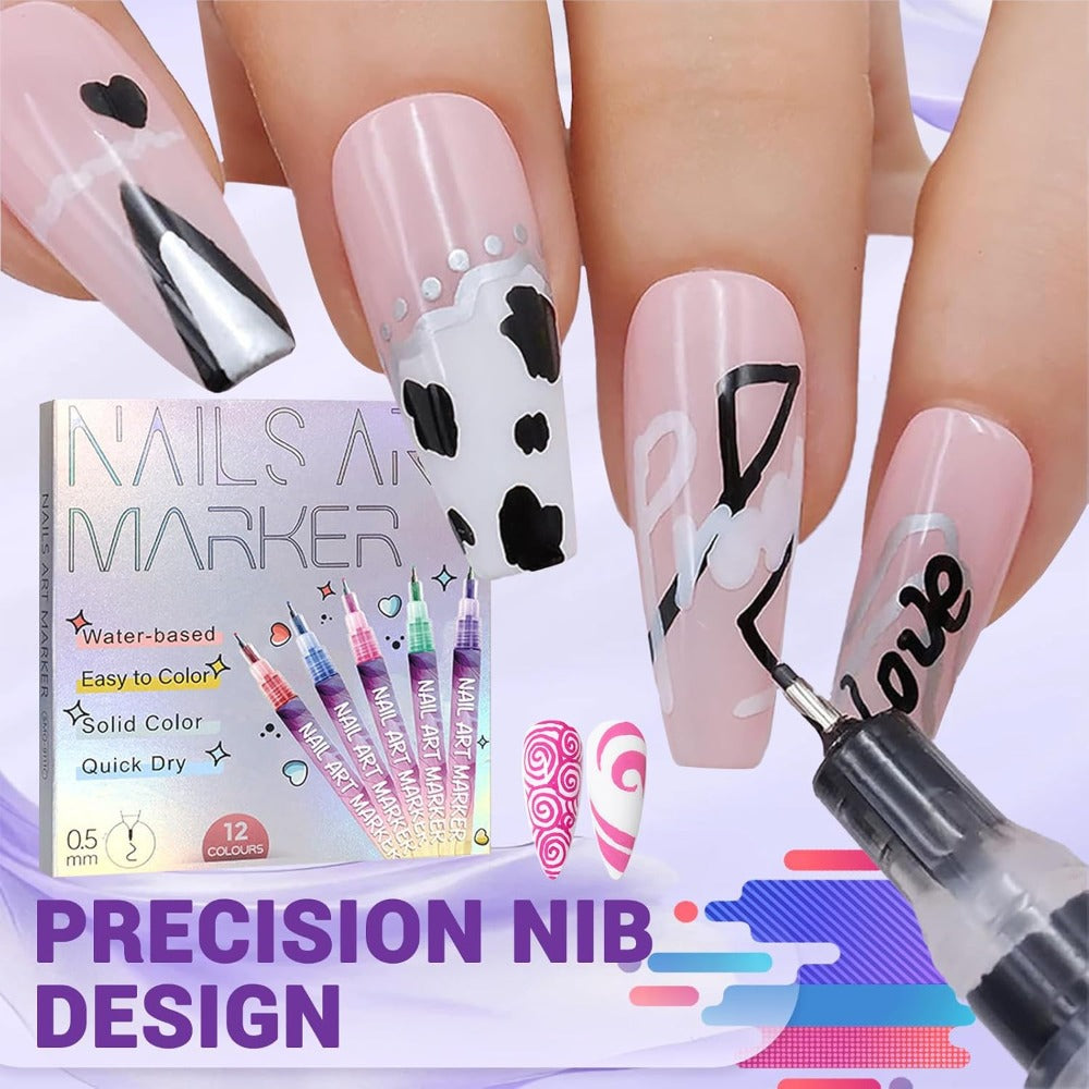 12pcs DIY Nail Art Pens Fashion Nail Art Fine Decorations - Easily Create Complex Designs - Easy-to-Use Multi-Occasion DIY Nails - 0.5mm Nail Art Pen Set - Ideal Christmas & New Year Gift
