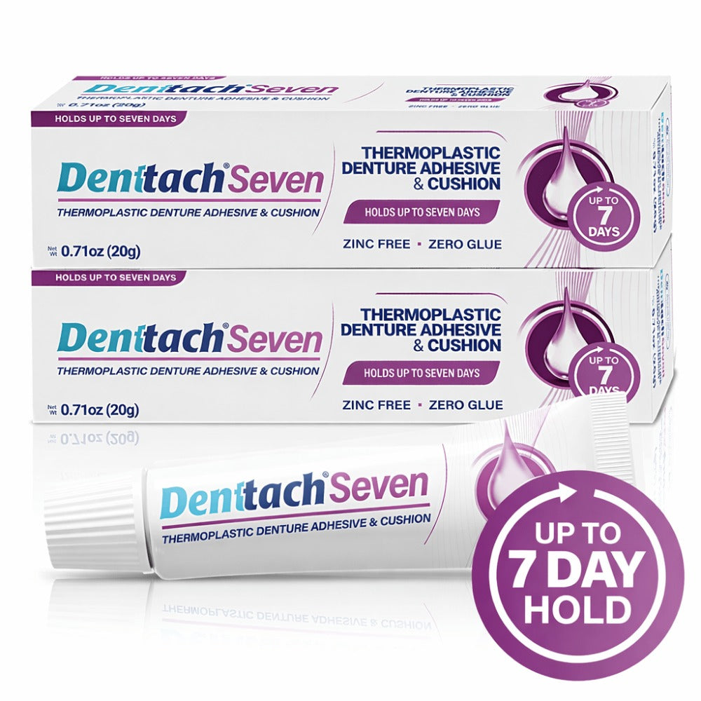 2 Pack Denttach Seven Denture Adhesive, Thermoplastic Non Glue Grip 7 Day Hold Cushion, Cushion Soft Reliner for Upper and Lower Dentures, Comfortable, Secure Grip, Zinc Free .71 oz. each