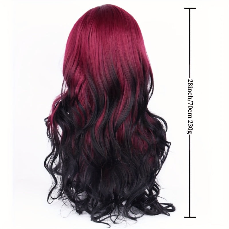28" Wavy Curly Long Hair Wigs for Women with Glamorous Black And Red Highlights, Perfect for Cosplay And Daily Party Wear