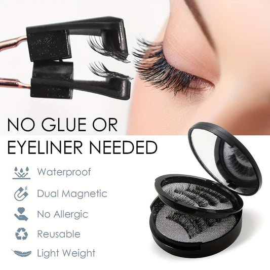 8pcs Natural Glue-3D False Eyelashes(One Box)- Reusable Double Magnetic False Eyelashes Set with Clips, Reusable, Waterproof, Glue, Easy to Wear, Women