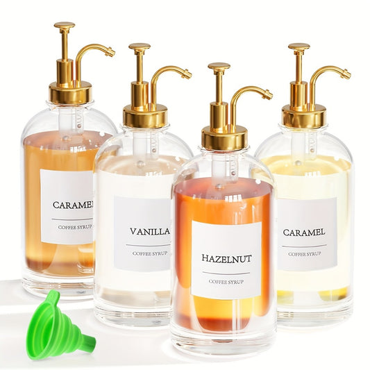 Glass Syrup Dispenser with Pump 4 Pack 16.9oz 500ml Set with Silicone Funnel and Labels Coffee Bar Accessories Condiment Dispenser for Simple Syrup Sauce Kitchen
