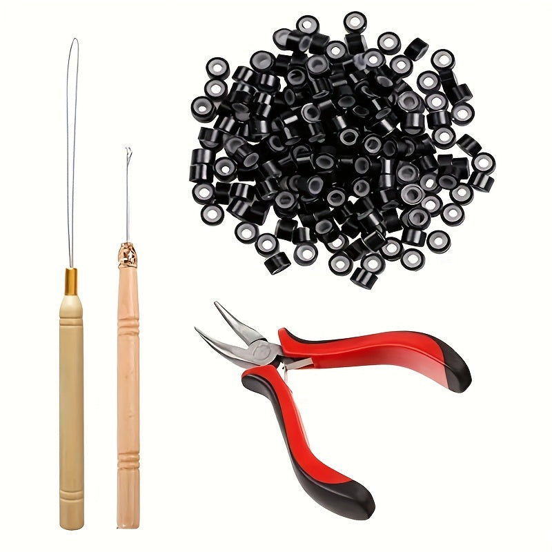 Hair Extension Tools Kit, 1 Plier, 1500 Lined Micro Rings, 5 Rolls Sewing Thread, 9 C/J/I Needle, 1 Threader, 1 Crochet Hook, 3 Comb, 200 Rubber Bands, 5 Clips, 50 T-Needle And 5 Heat Shield Guards for Hair Styling