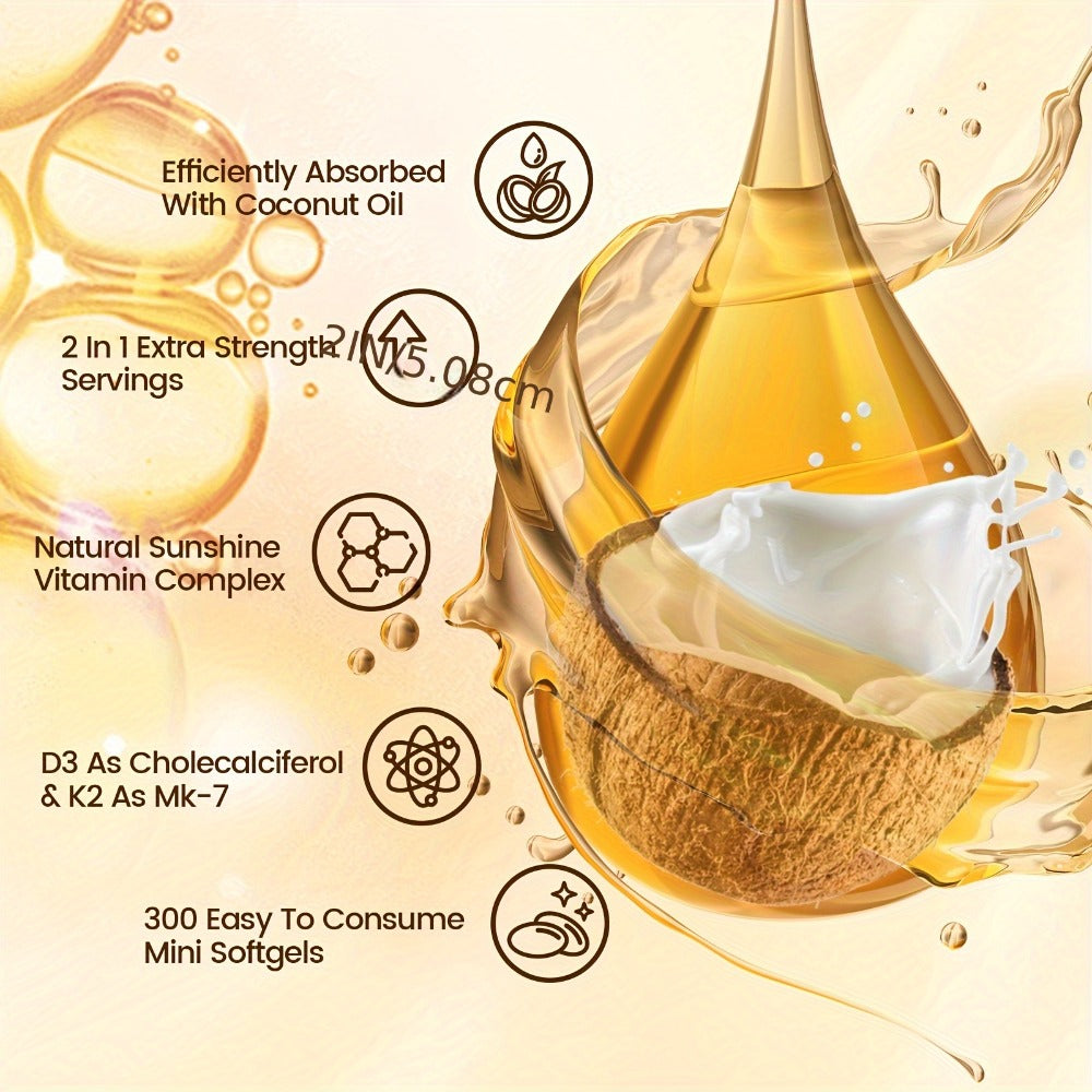 [2-In-1 Vitamin D & K] Vitamin D3 And K2 Coconut Oil Softgels, 2-In-1 Vitamin D And K, Premium Formula, Creates A Safe Environment, 300 Softgels, Easy To Swallow