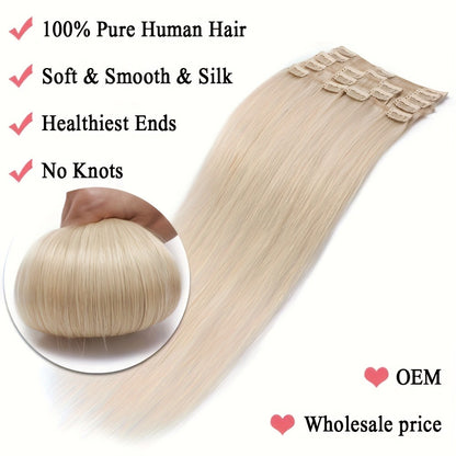 Clip In Human Hair Extensions Straight Remy Hair – 8 Piece Full Head Set with Highlighted Blonde Colors, Natural Seamless Look for Women, 8–24 Inch