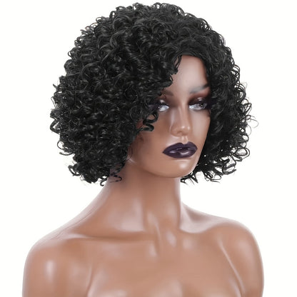 Short Afro Kinky Curly Wig 12 Inch Synthetic Heat Resistant for Women Elastic Cap Black Black Mixed Brown Voluminous Daily Wear Hair Replacement