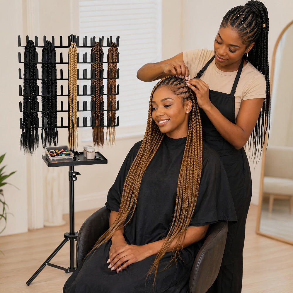 Braiding Hair Rack 144 Pegs — Height Adjustable 2-Side Hair Extension Holder Stand with Tray, Foldable Portable Professional Braiding Station for Salon Home Travel
