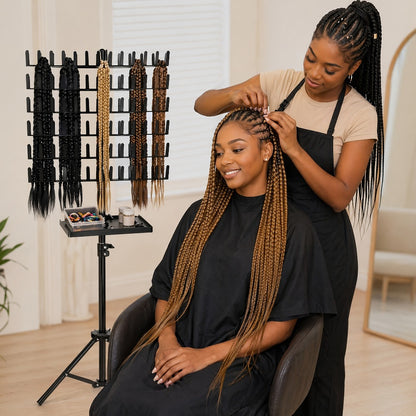 Braiding Hair Rack 144 Pegs — Height Adjustable 2-Side Hair Extension Holder Stand with Tray, Foldable Portable Professional Braiding Station for Salon Home Travel