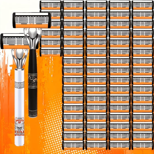 Safety Razor Set for Men 72 Blades 2 Non-Slip Metal Handles Classic Double Edge Shaving Razor Ultra-Sharp Replaceable Blades Smooth Painless Shave Grooming Kit Holiday Gift