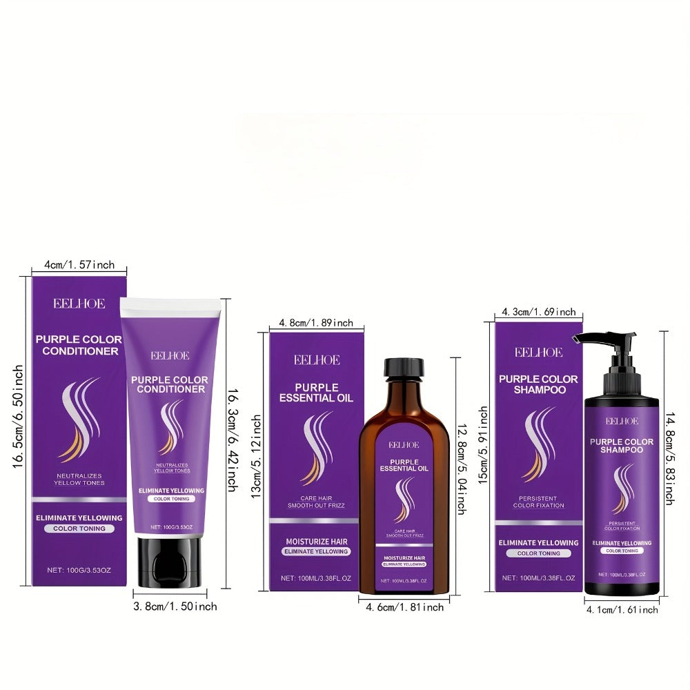 Purple Shampoo Set 3pcs — Collagen Anti-Yellowing Shampoo, Conditioner & Argan Hair Oil | Repairs Split Ends, Fixes Color & Smooths All Hair Types