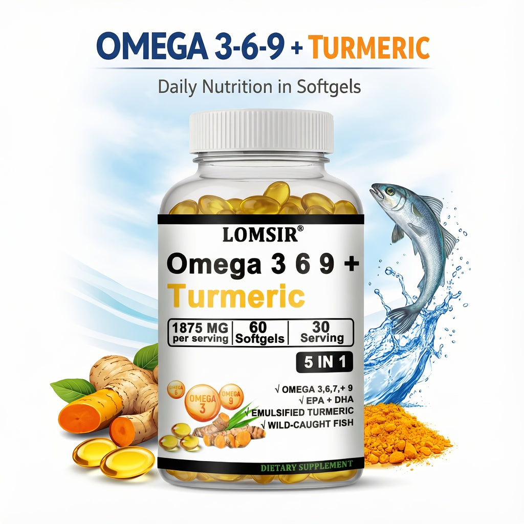 LOMSIR Omega 3-6-9 + Turmeric Softgels (DHA & EPA) - Wild Fish Oil Blend, Emulsified Turmeric, 60 Softgels, Daily Balance, Easy-to-Take
