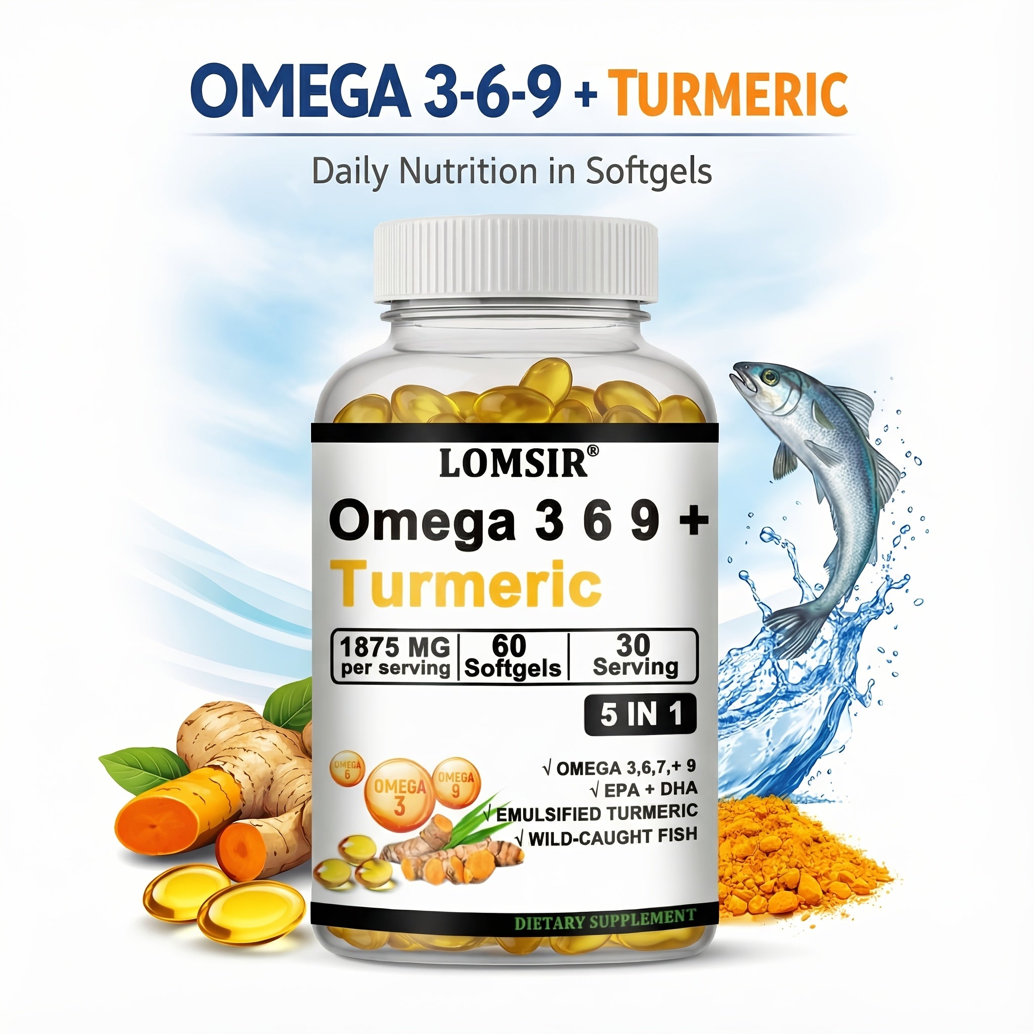 LOMSIR Omega 3-6-9 + Turmeric Softgels (DHA & EPA) - Wild Fish Oil Blend, Emulsified Turmeric, 60 Softgels, Daily Balance, Easy-to-Take