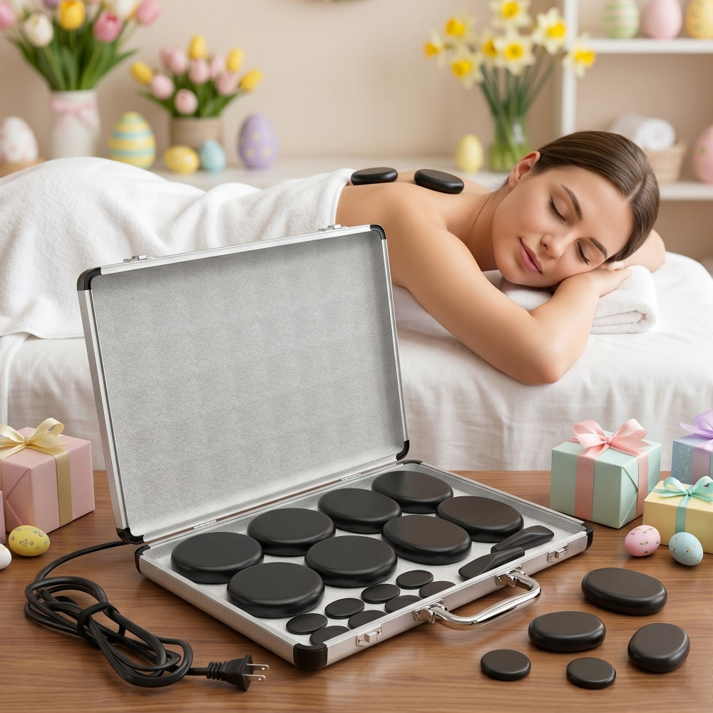 18pcs Hot Stones for Massage with Warmer, Massage Stones with Heater Kit for 4 Sizes, Hot Stone Massage for Professional Or Home Spa Warming Relaxing