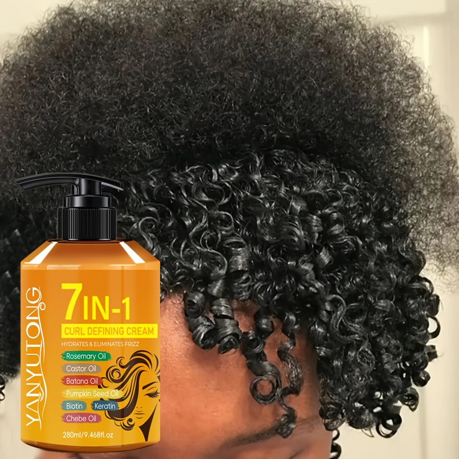7-In-1 Curling Cream, for Black Hair, Latin Curls, Braids, with Moroccan Nut Oil, Long-Lasting, Moisturizing, Suitable for Wavy Curls, Containing Rosemary, Castor Oil, Batani Oil, Sunflower Seed Oil, Biotin, Keratin, Coconut Oil