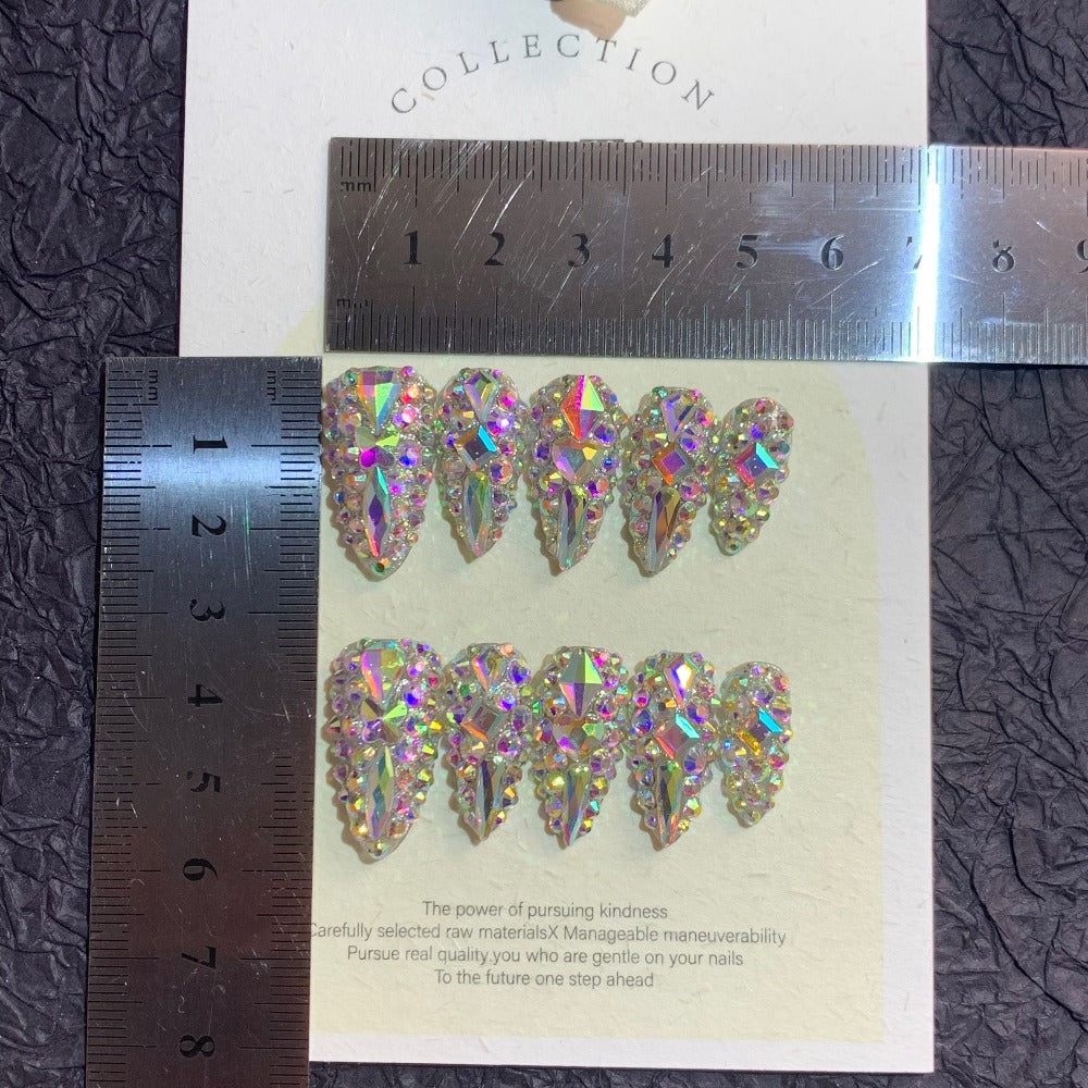 Fake Nails Almond Shape 10pcs Medium Length Glitter Strobe Color Block AB Crystal Rhinestone Press On Nails Kit with Nail File Cuticle Stick Sticker Pad for Party Wedding Date Everyday Wear S M L