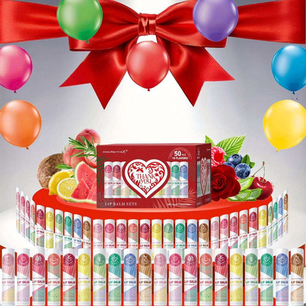 [Moisturizing Lip Balm Set] 50pcs/Box Moisturizing & Hydrating Lip Balm Set | Day and Night Use, Fruit Flavored Lip Care for Autumn-Winter Cracked Lips, Perfect Holiday Gift Choice, Unique Gift Pack