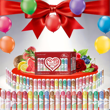 Lip Gloss Set 50 Pieces - Moisturizing Fruit Flavored Lip Balm Kit, 10 Colors Hydrating Lip Care for Dry & Cracked Lips, Holiday Gift Set for Women