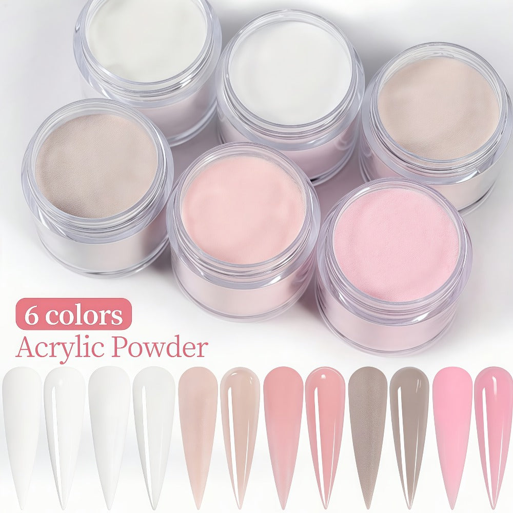Set of 6 Acrylic Powders in Nude, Pink, And White, Featuring a High-Gloss End. Ideal for Nail Art, This Kit Includes 6 Colors for 3D Nail Sculptures, French Nail Extensions, And Carving. A Professional Polymer Acrylic Nail Art Kit