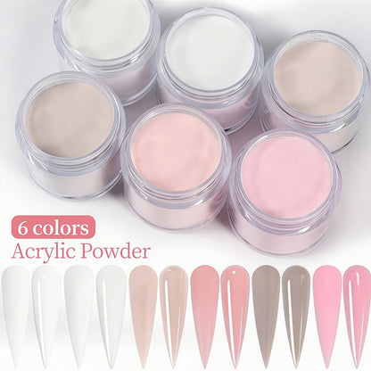 Acrylic Nail Powder Set 6 Colors Nude Pink White - High Gloss Polymer Powder for 3D Nail Sculptures French Extensions & Carving - Professional Crystal Nail Art Kit