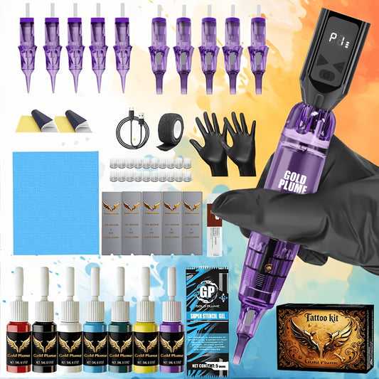 GOLDPLUME Tattoo Gun Kit Complete Set, Wireless Tattoo Gun Set, Tattoo Gun Kit with 1500mAh Tattoo Power Supply, 10 Tattoo Needles And 7 Bottles Of Tattoo Ink And Other Tattoo Supplies, Complete Tattoo Set for Beginners And Tattoo Masters