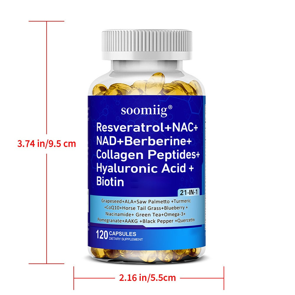 [120 Capsules] Resveratrol + NAC + NAD + Collagen Peptides + Hyaluronic Acid + Thiamine Supplement, Containing Saw Palmetto, Coenzyme Q10, Quercetin, Omega-3 And Black Pepper, Supports Mood, Hair, Nail And Eye Health, 120 Capsules (Optional 1/2/3 Bottles)