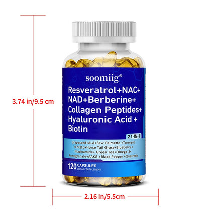 Resveratrol Supplement with NAC NAD Collagen Peptides Hyaluronic Acid – Supports Mood, Hair, Nail & Eye Health | 120 Capsules with Saw Palmetto CoQ10 Quercetin Omega-3 Thiamine Black Pepper