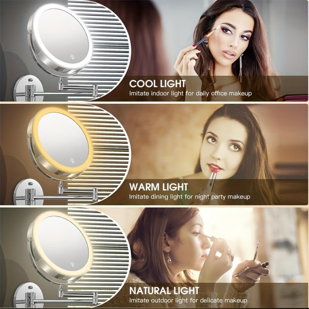 Wall Mounted Lighted Makeup Mirror 10X Magnification, 8 Inch LED Vanity Mirror 1X/10X Double Sided, 3 Color Lights Touch Dimmer 360° Swivel Rechargeable — Black Silver Gold