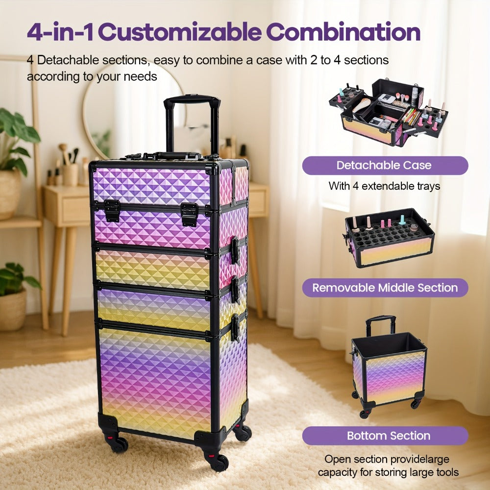 All-In-One Makeup Kit : 4-In-1 Rolling Makeup Train Case with Beauty Sponge, Large Portable Cosmetic Trolley with 360° Wheels, Professional Salon & Travel Storage Organizer