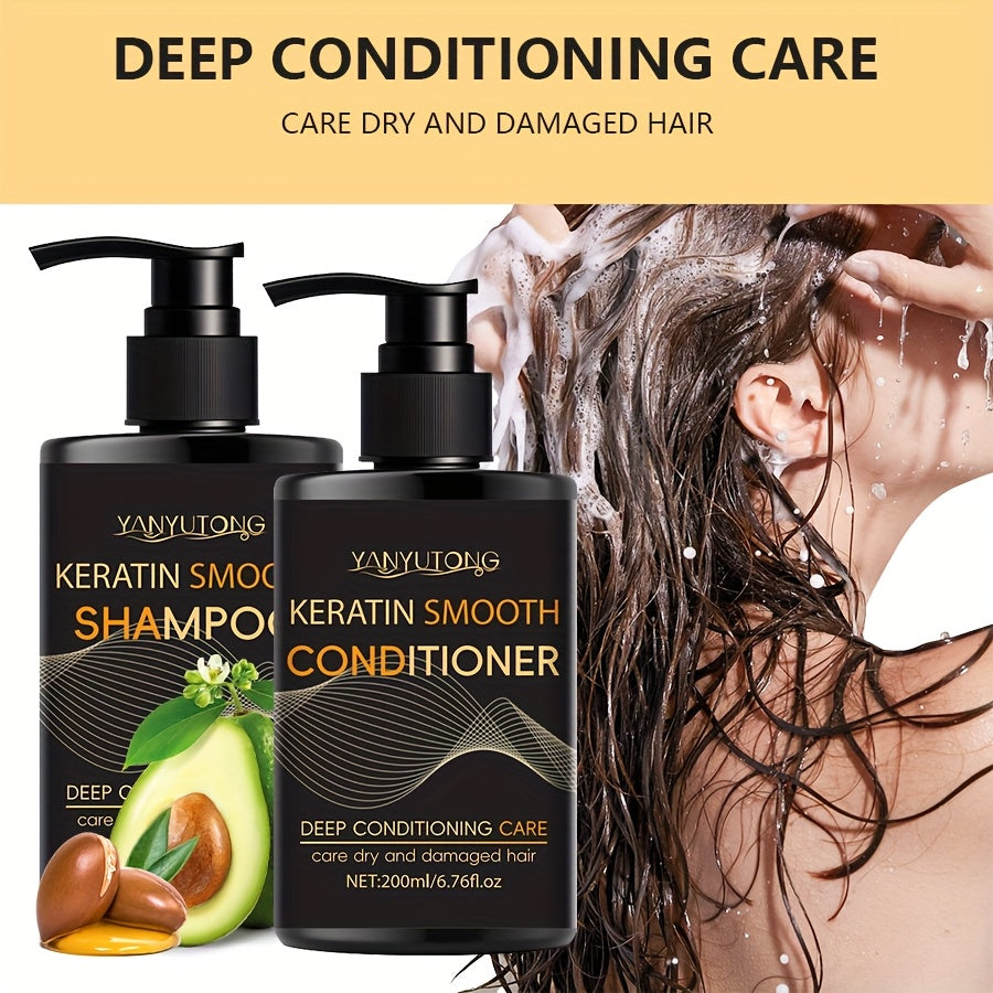 13.53oz Keratin Hair Care Set, 6.76oz Shampoo, 6.76oz Conditioner, Moisturizes Hair And Scalp, Prevents Breakage And Split Ends – Professional, for Hair Dyeing And Heat Damage, Home Hair Care, Creates Smooth
