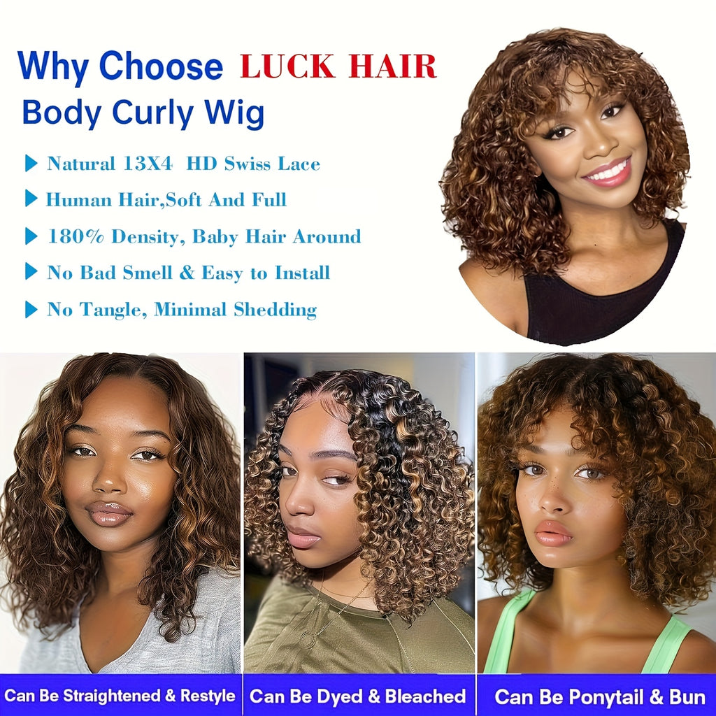 4/27 Highlight Curly Wigs Short Bob Wig 100%Human Hair Brazilian Water Wave Ombre Blonde Color 13x4 Full Lace Frontal Wig for Women