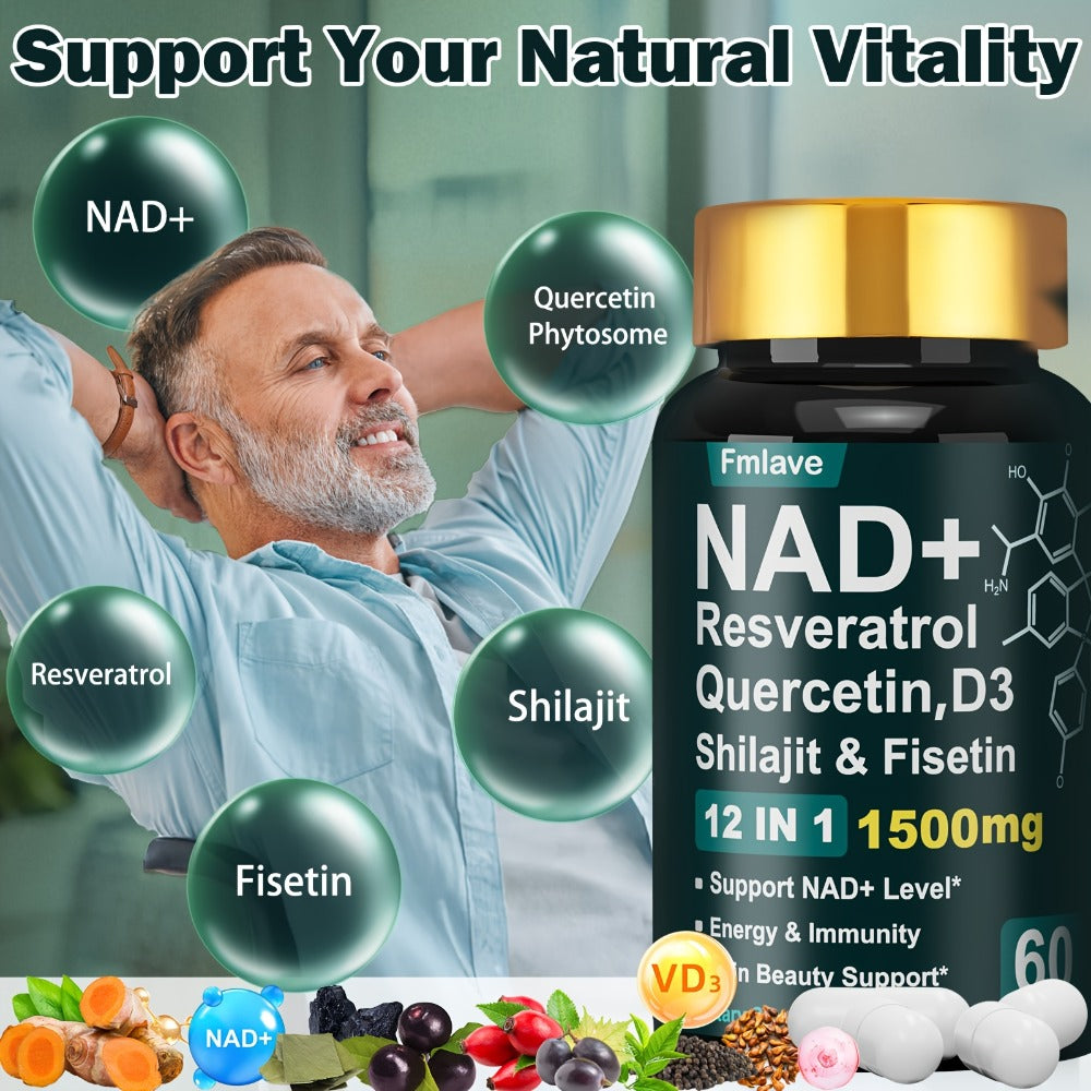 [NAD+YOUTH BOTTLE] 1500mg Per Serving] 12in 1 NAD+YOUTH BOTTLE- Extract With Nature Plants, Containing Nicotinamide Riboside, Quercetin, Support To Be Younger, Immune & Energy & Focus For Man & Women & Adult, 60 Capsules