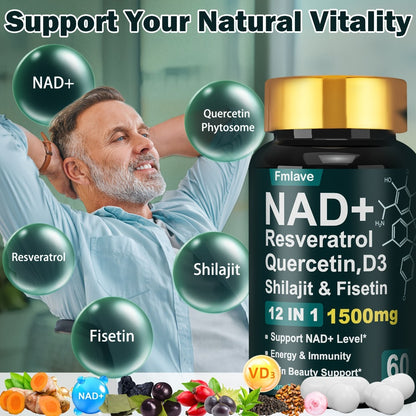 NAD+ Supplement Capsules 1500mg 12-in-1 with Nicotinamide Riboside & Quercetin — Plant-Based Anti-Aging Cellular Energy Focus & Immune Support for Women and Men | 60 Capsules