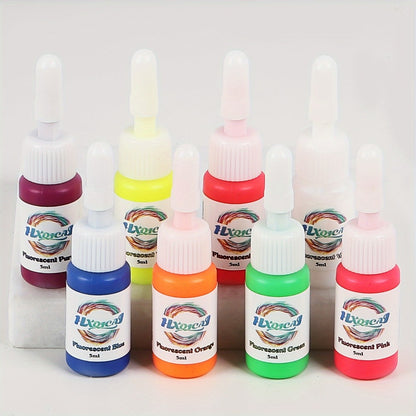 UV Fluorescent Tattoo Ink Kit 8 Colors Glow Under Blacklight - Safe Non-Toxic 5ml Bottles Professional Body Art Ink Set Vibrant Neon Colors