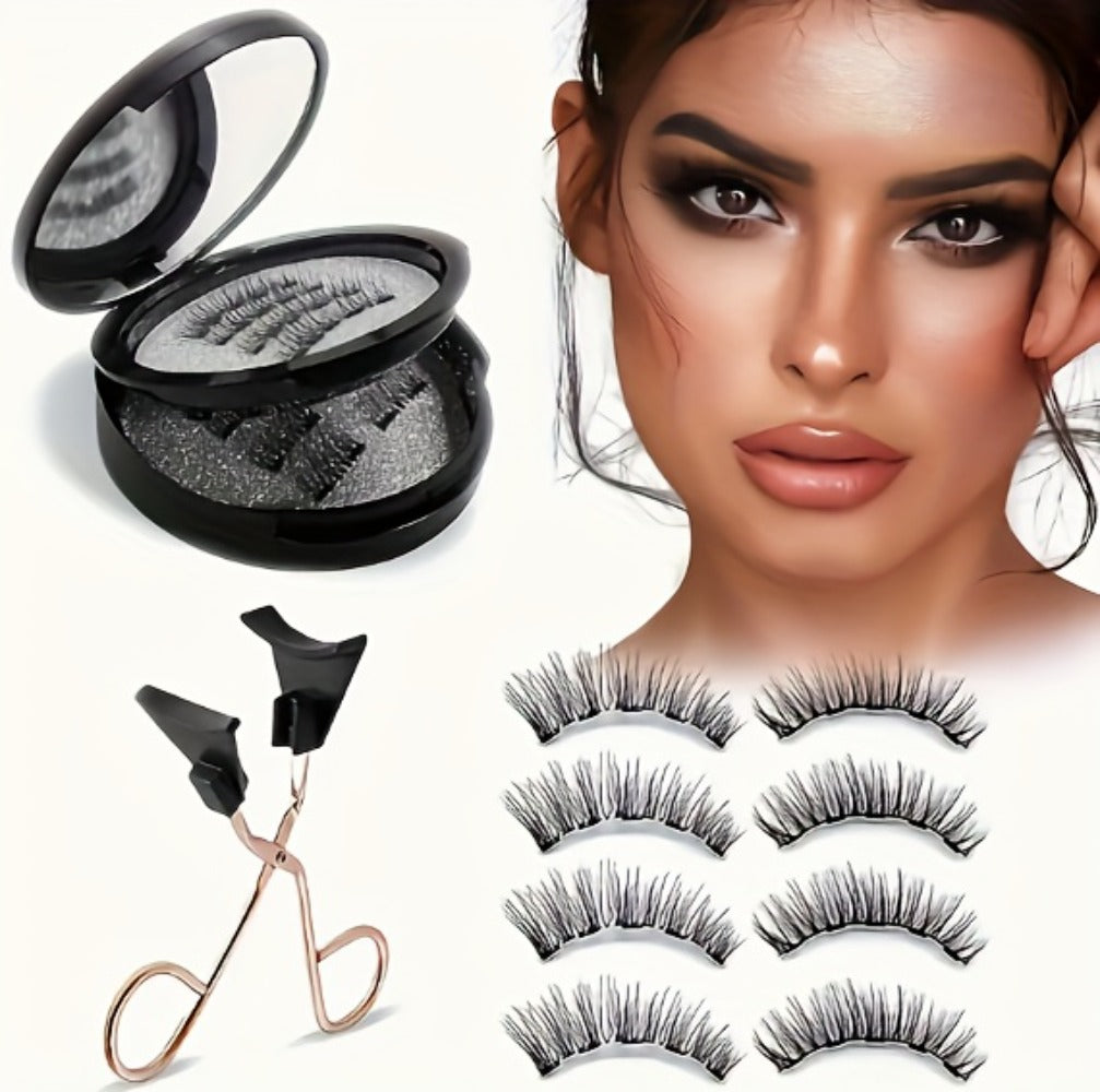 8 Pairs of Natural Glue Free 3D False Eyelashes, No Eyeliner, Reusable Dual Magnetic False Eyelashes Set, with Clip, Reusable, Waterproof, Glue Free, Easy to Wear At Christmas, Ladies Gift