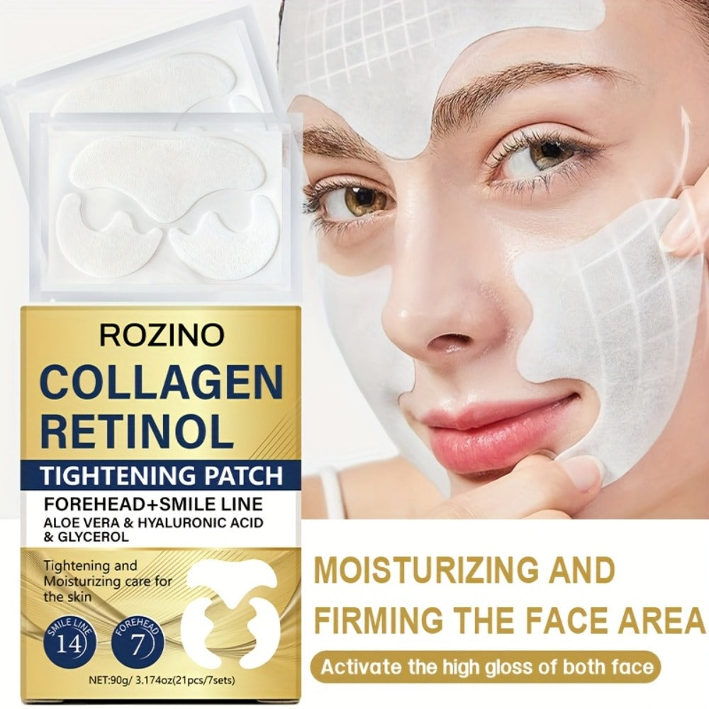 ROZINO 21pcs Collagen & Retinol Face Patches - Target Forehead & Smile Lines with Aloe Vera & Hyaluronic Acid for a Smooth, Happy Glow! Fun 7-Day Care Kit & Perfect Christmas Gift!