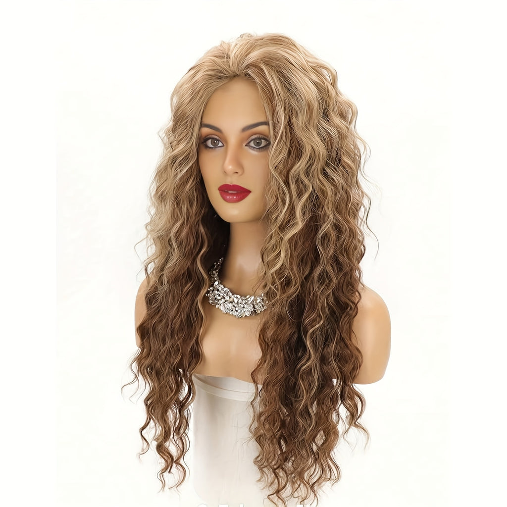 Ombre Ash Blonde Brown Curly Wig Long Wavy Middle Part Natural Looking Dark Roots Synthetic Wigs for Women 80s Halloween Carnival Party Wig Costume Party Or Daily Use 28 Inches